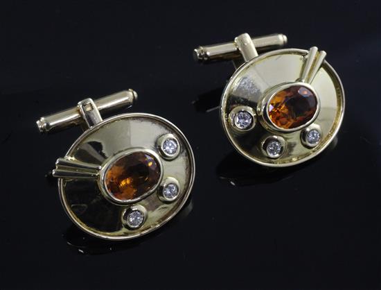 A pair of 18ct gold, citrine and diamond set oval cufflinks, 21mm